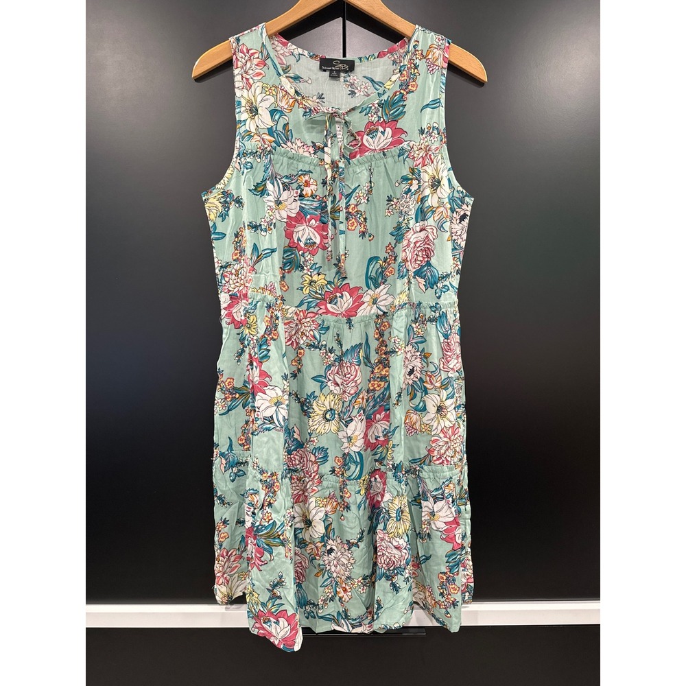 Suzanne Betro Womens Floral Notch Tie Neck Tiered Dress Mint‎ Green Small NWT